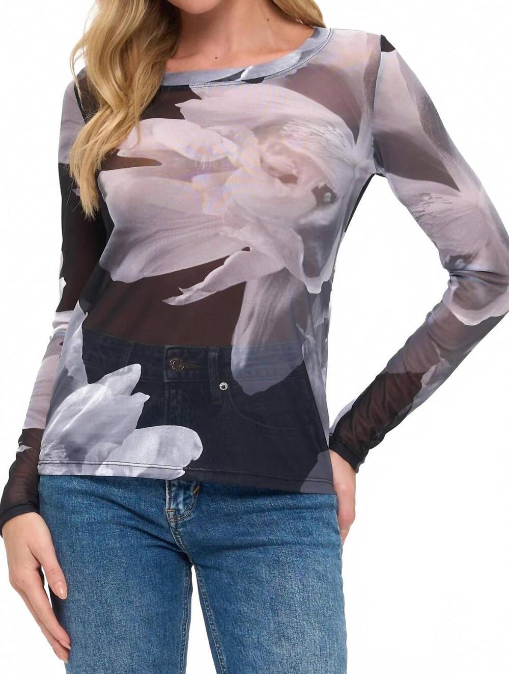 NEW ARIELLA floral mesh long sleeve top in grey